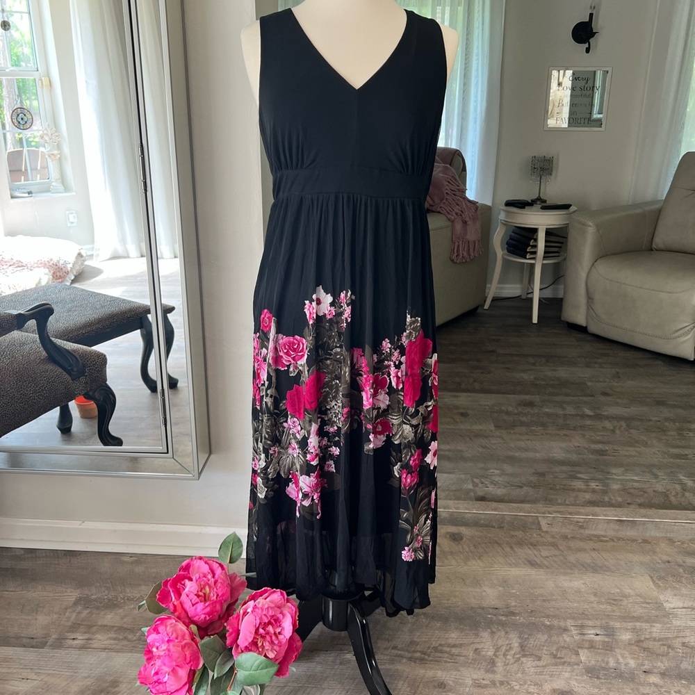 INC International Concepts High-Low  Blk Floral Dress